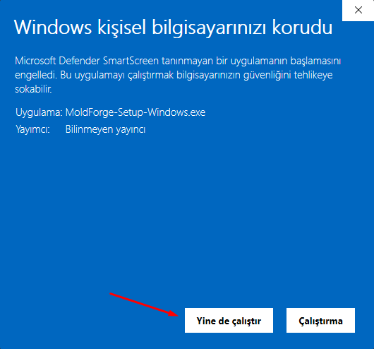 Windows SmartScreen ekranında Yine de çalıştır düğmesinin konumu